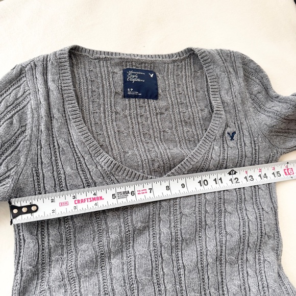 American Eagle Vintage Cable Knit V-Neck Sweater Grey (2000s) Y2K cotton wool - Picture 6 of 7